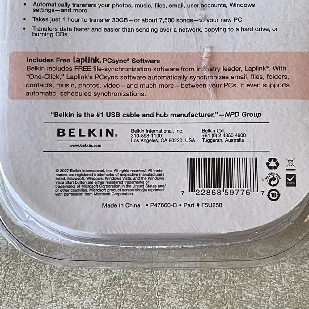 BELKIN EASY TRANSFER CABLE 4 WINDOWS VISTA USB 8FT FREE LAPLINK SOFTWARE